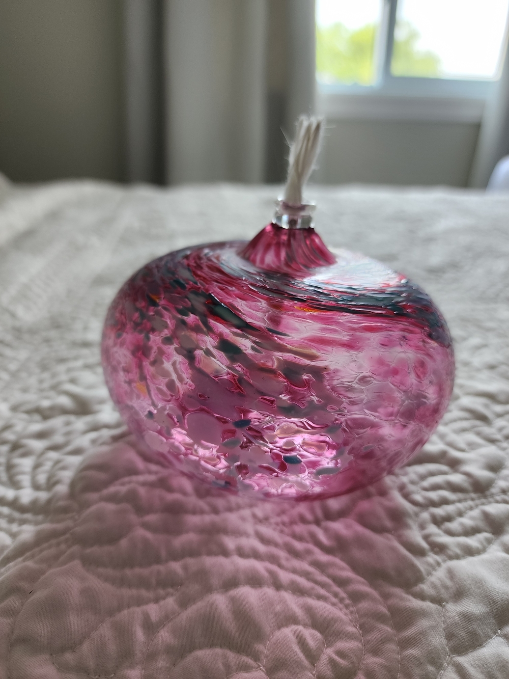 Handblown Pink Turquoise White Handblown Glass Decorative Oil Lamp Signed Happy
